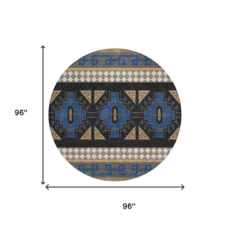 8' Navy Blue And Salmon Round Tribal Washable Indoor Outdoor Area Rug Homeroots Outdoor