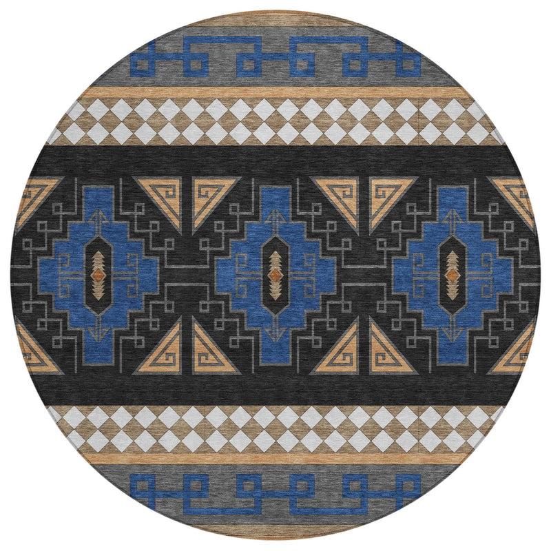 8' Navy Blue And Salmon Round Tribal Washable Indoor Outdoor Area Rug Homeroots Outdoor