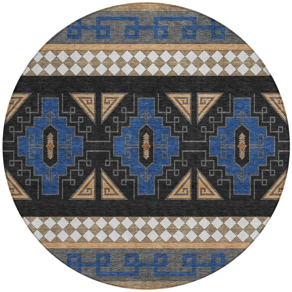 8' Navy Blue And Salmon Round Tribal Washable Indoor Outdoor Area Rug Homeroots Outdoor