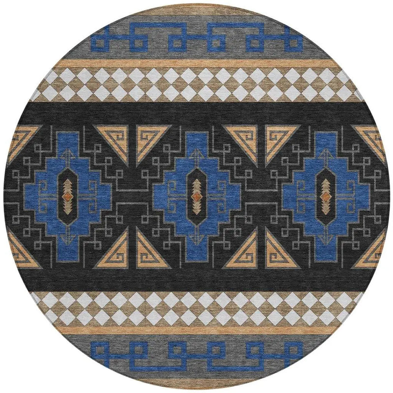 8' Navy Blue And Salmon Round Tribal Washable Indoor Outdoor Area Rug Homeroots Outdoor