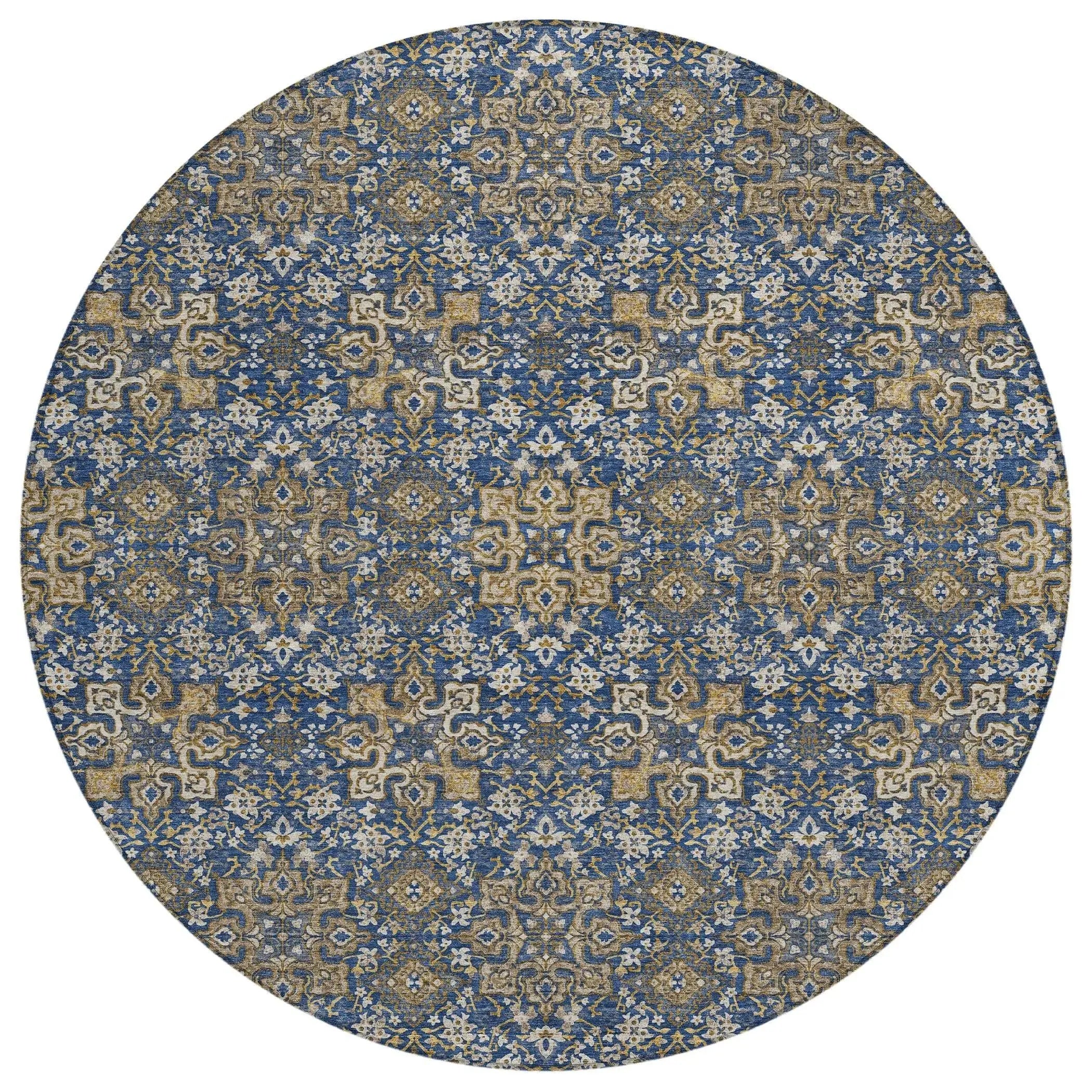 8' Navy Blue And Silver Round Oriental Washable Indoor Outdoor Area Rug Homeroots Outdoor