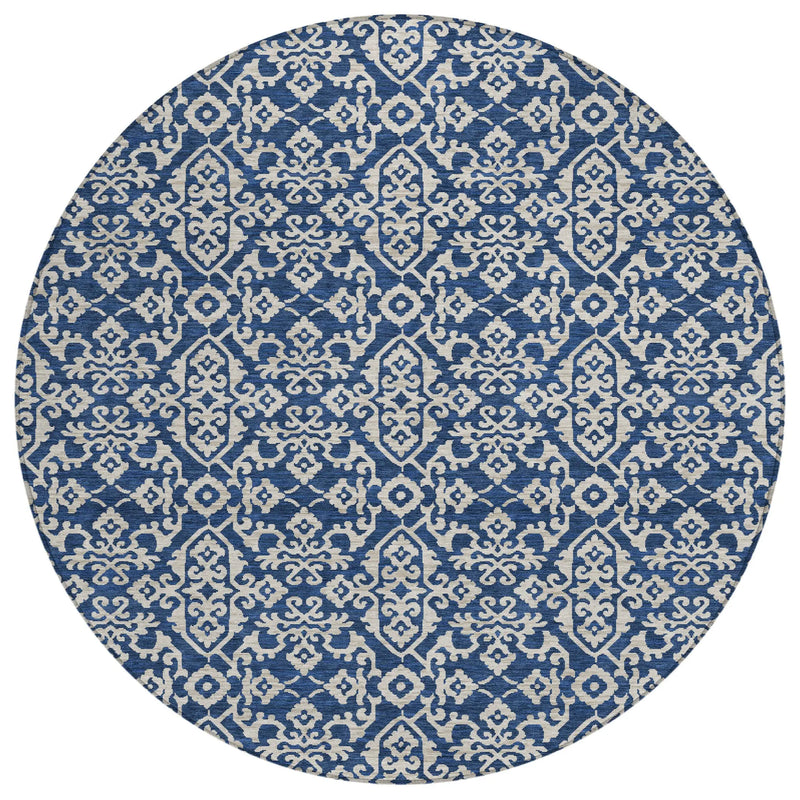 8' Navy Blue And Silver Round Oriental Washable Indoor Outdoor Area Rug Homeroots Outdoor