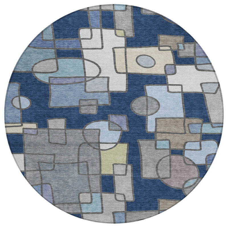 8' Navy Blue And Sky Blue Round Geometric Washable Indoor Outdoor Area Rug Homeroots Outdoor