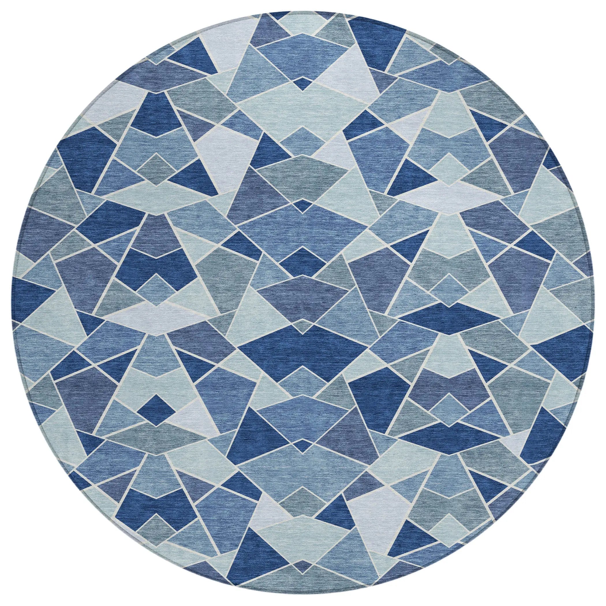 8' Navy Blue And Sky Blue Round Geometric Washable Indoor Outdoor Area Rug Homeroots Outdoor