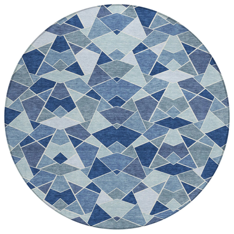 8' Navy Blue And Sky Blue Round Geometric Washable Indoor Outdoor Area Rug Homeroots Outdoor