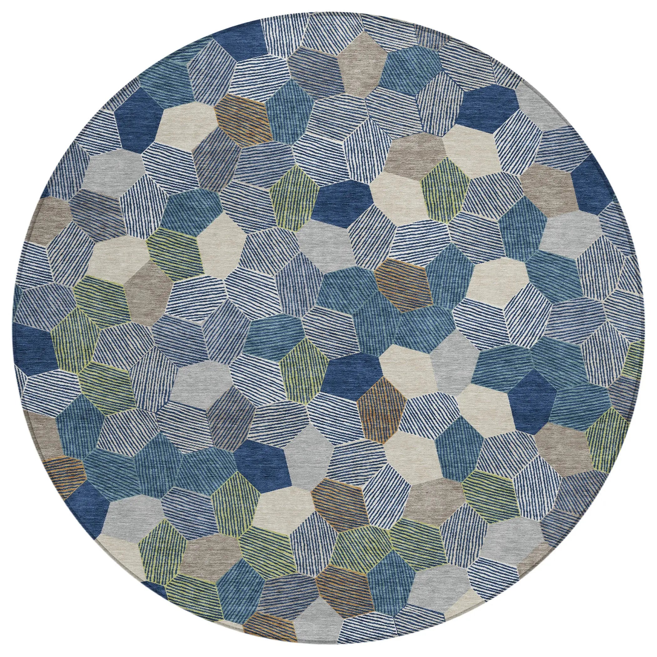 8' Navy Blue And Sky Blue Round Geometric Washable Indoor Outdoor Area Rug Homeroots Outdoor