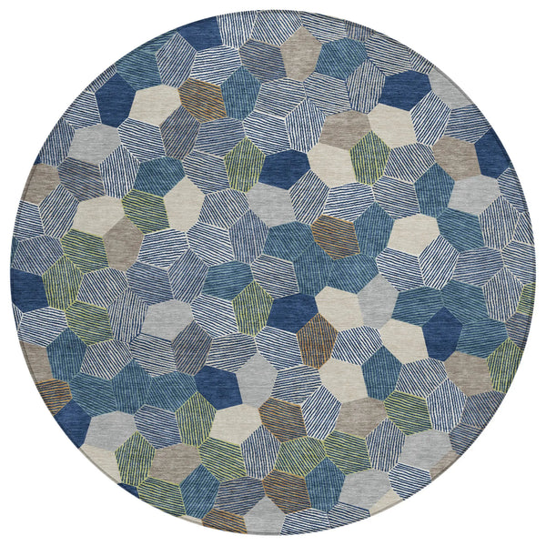 8' Navy Blue And Sky Blue Round Geometric Washable Indoor Outdoor Area Rug Homeroots Outdoor