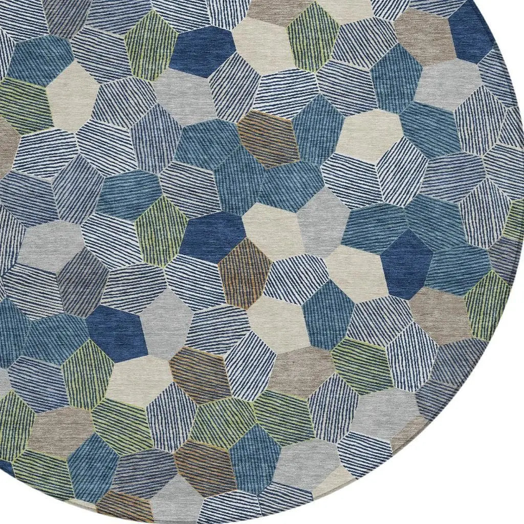8' Navy Blue And Sky Blue Round Geometric Washable Indoor Outdoor Area Rug Homeroots Outdoor