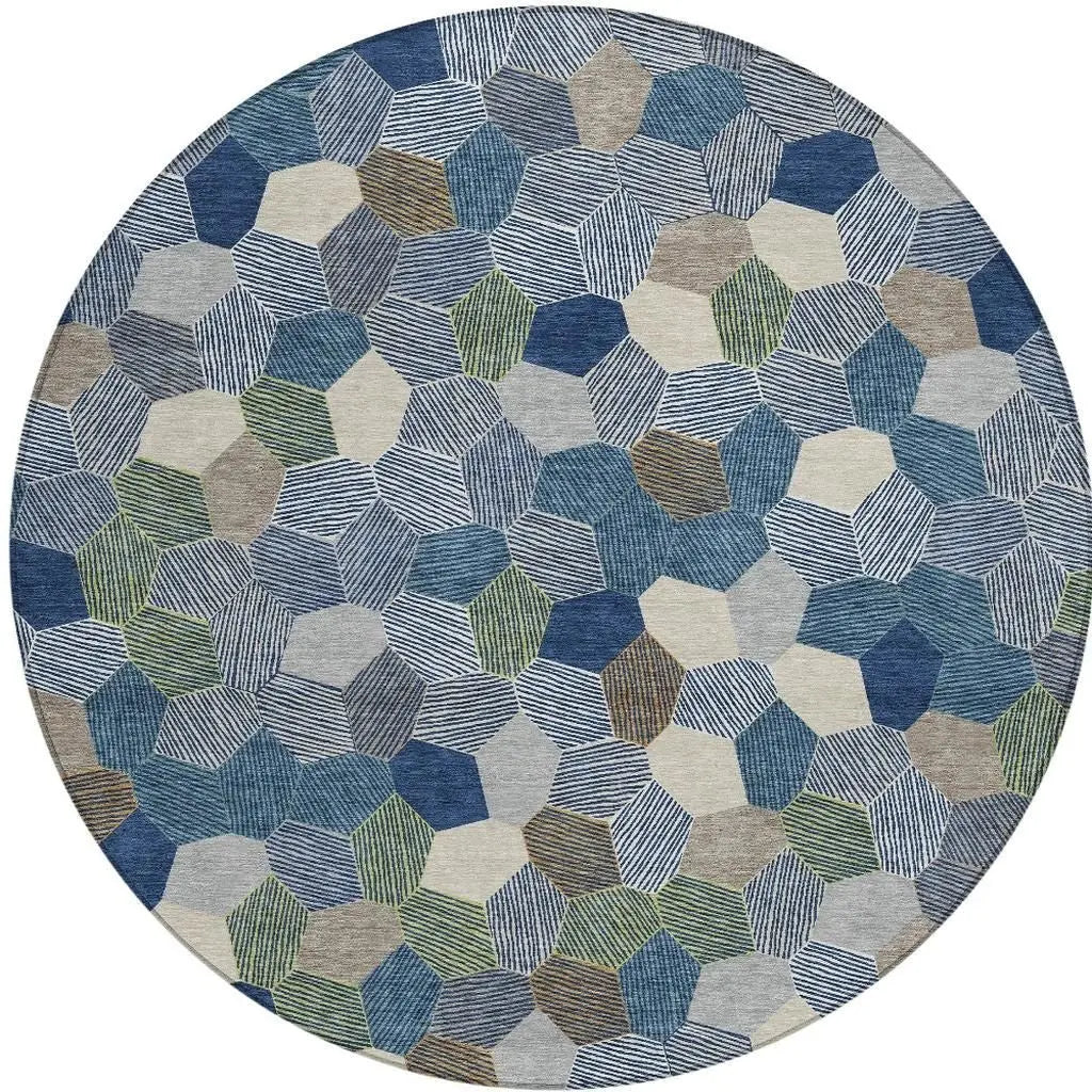 8' Navy Blue And Sky Blue Round Geometric Washable Indoor Outdoor Area Rug Homeroots Outdoor