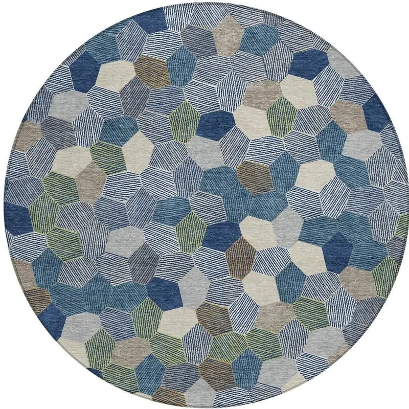 8' Navy Blue And Sky Blue Round Geometric Washable Indoor Outdoor Area Rug Homeroots Outdoor