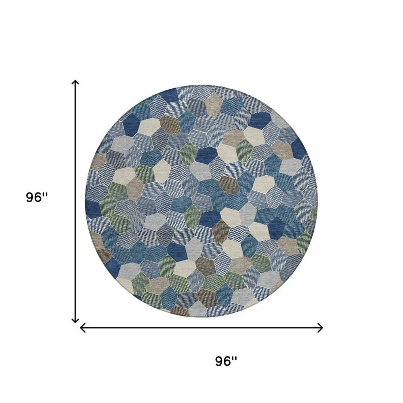 8' Navy Blue And Sky Blue Round Geometric Washable Indoor Outdoor Area Rug Homeroots Outdoor