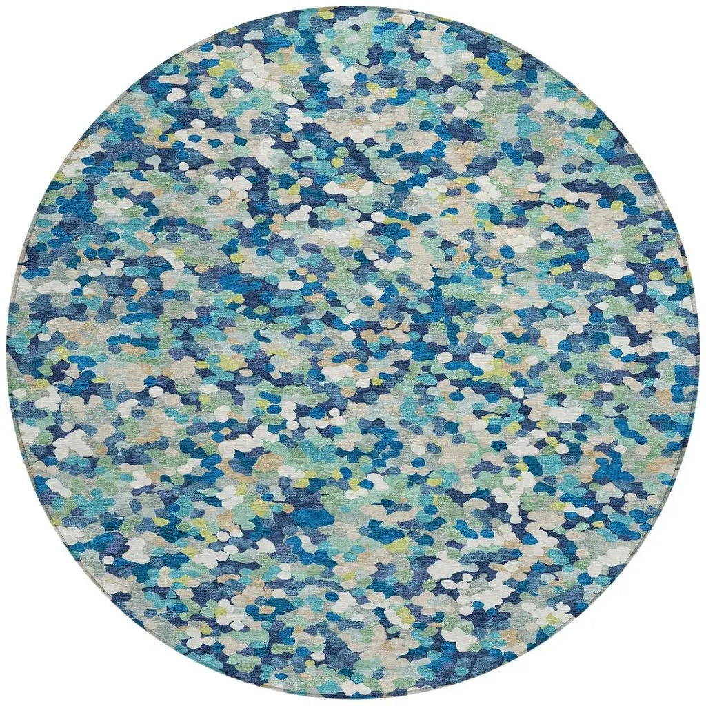 8' Navy Blue And Sky Blue Round Geometric Washable Indoor Outdoor Area Rug Homeroots Outdoor