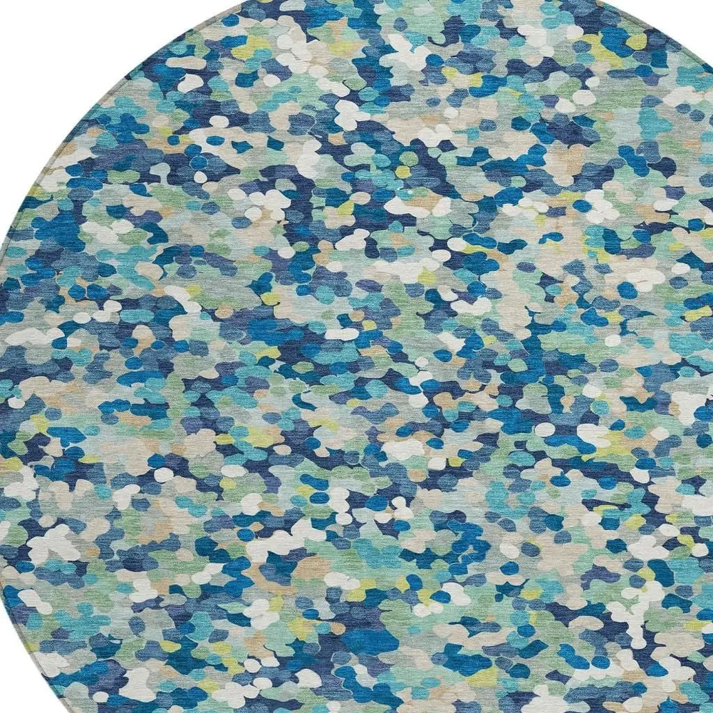 8' Navy Blue And Sky Blue Round Geometric Washable Indoor Outdoor Area Rug Homeroots Outdoor