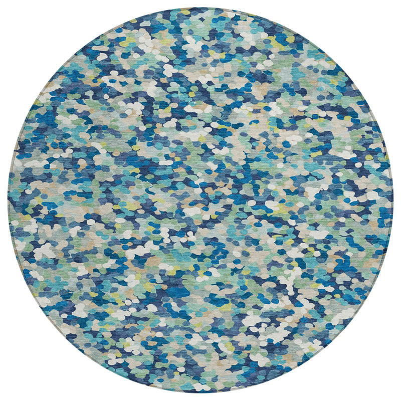 8' Navy Blue And Sky Blue Round Geometric Washable Indoor Outdoor Area Rug Homeroots Outdoor