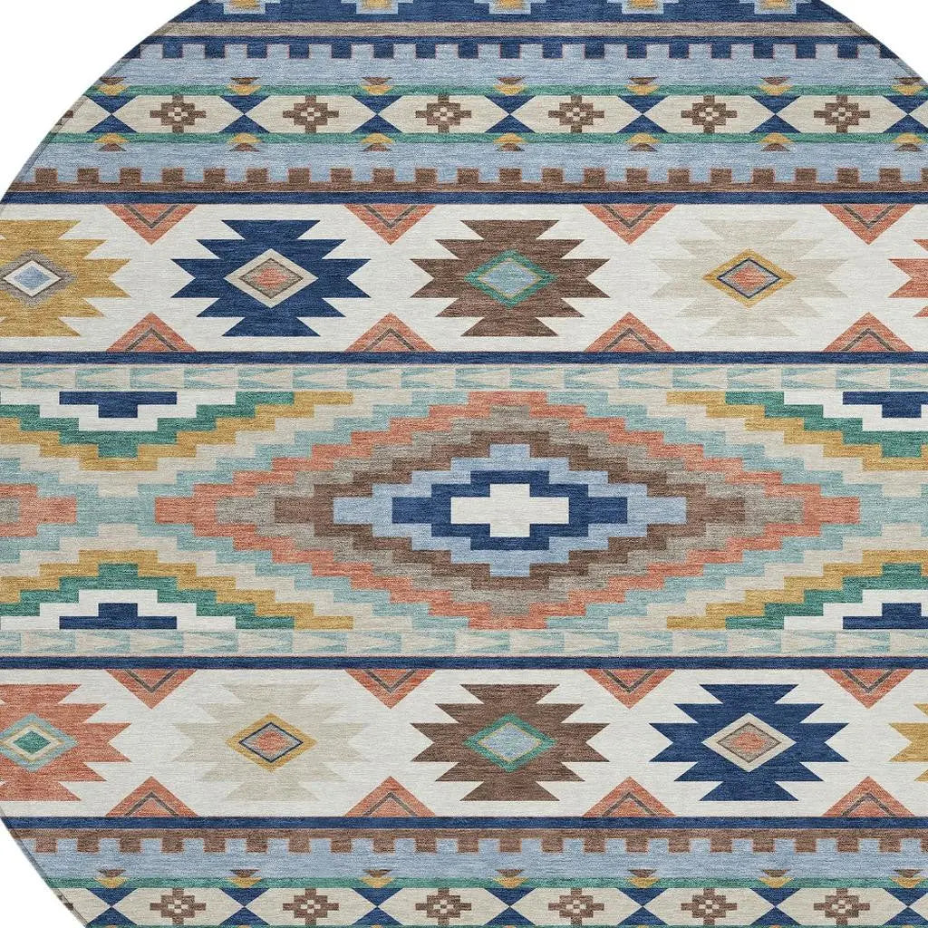 8' Navy Blue And Sky Blue Round Southwestern Washable Indoor Outdoor Area Rug Homeroots Outdoor