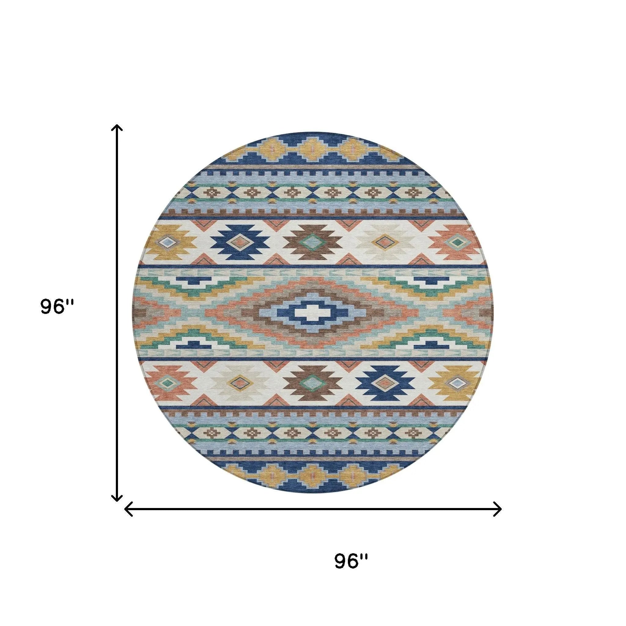 8' Navy Blue And Sky Blue Round Southwestern Washable Indoor Outdoor Area Rug Homeroots Outdoor