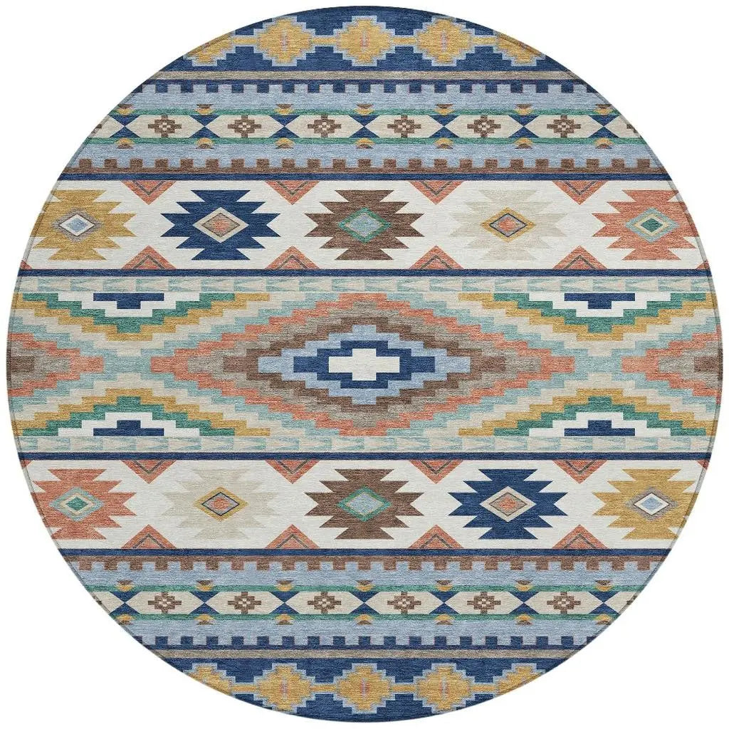 8' Navy Blue And Sky Blue Round Southwestern Washable Indoor Outdoor Area Rug Homeroots Outdoor
