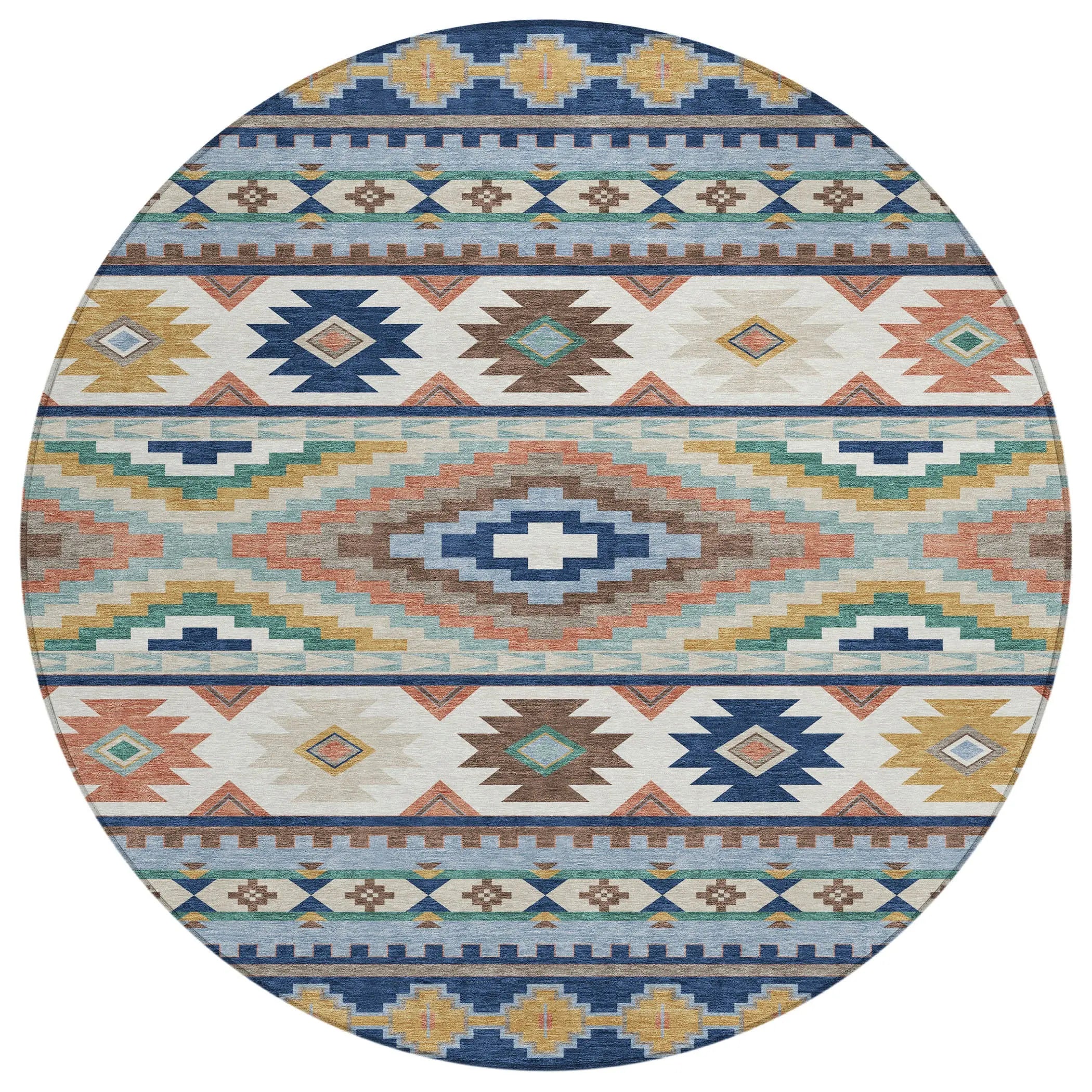 8' Navy Blue And Sky Blue Round Southwestern Washable Indoor Outdoor Area Rug Homeroots Outdoor