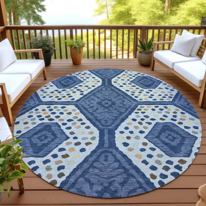 8' Navy Blue And Sky Blue Round Tribal Washable Indoor Outdoor Area Rug Homeroots Outdoor