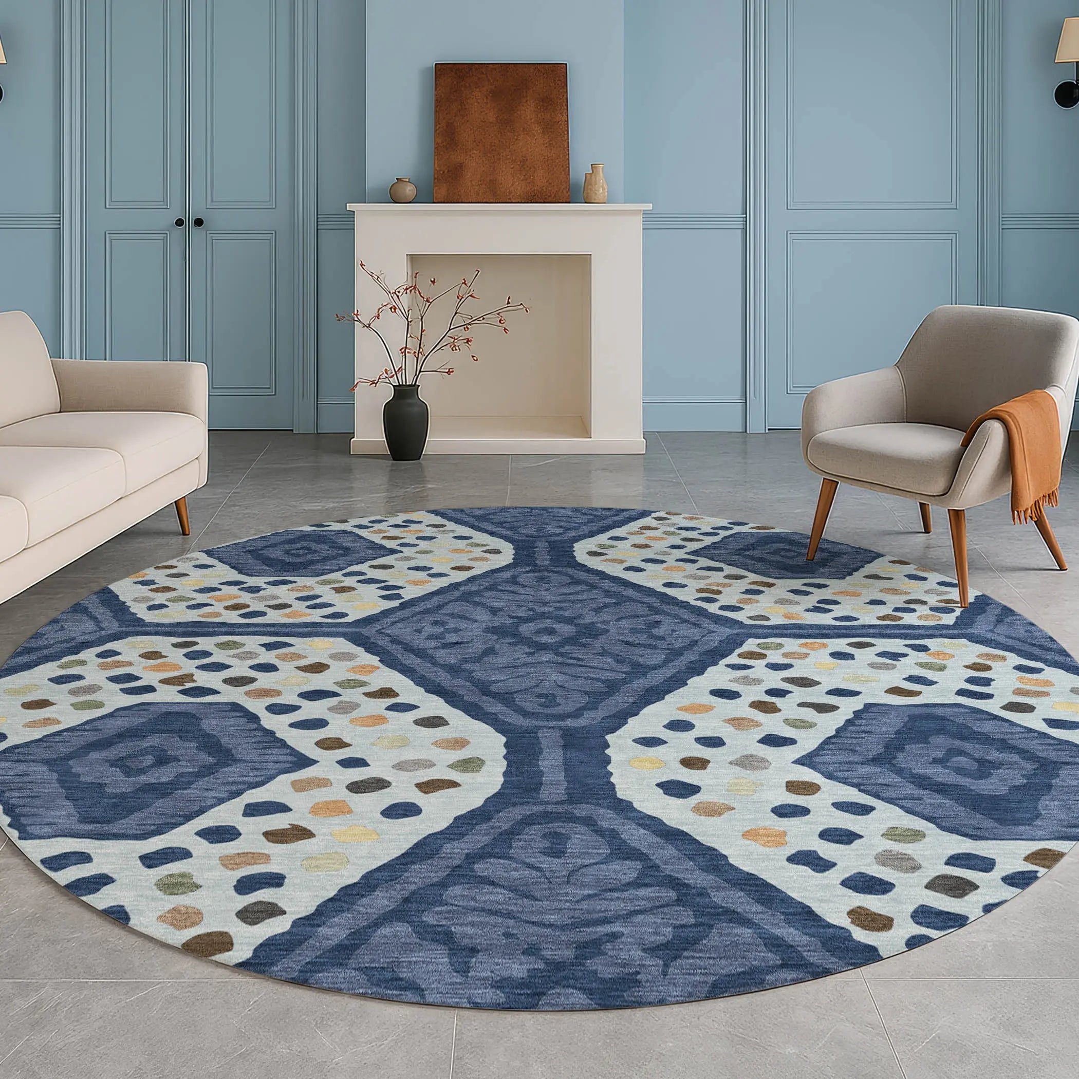 8' Navy Blue And Sky Blue Round Tribal Washable Indoor Outdoor Area Rug Homeroots Outdoor