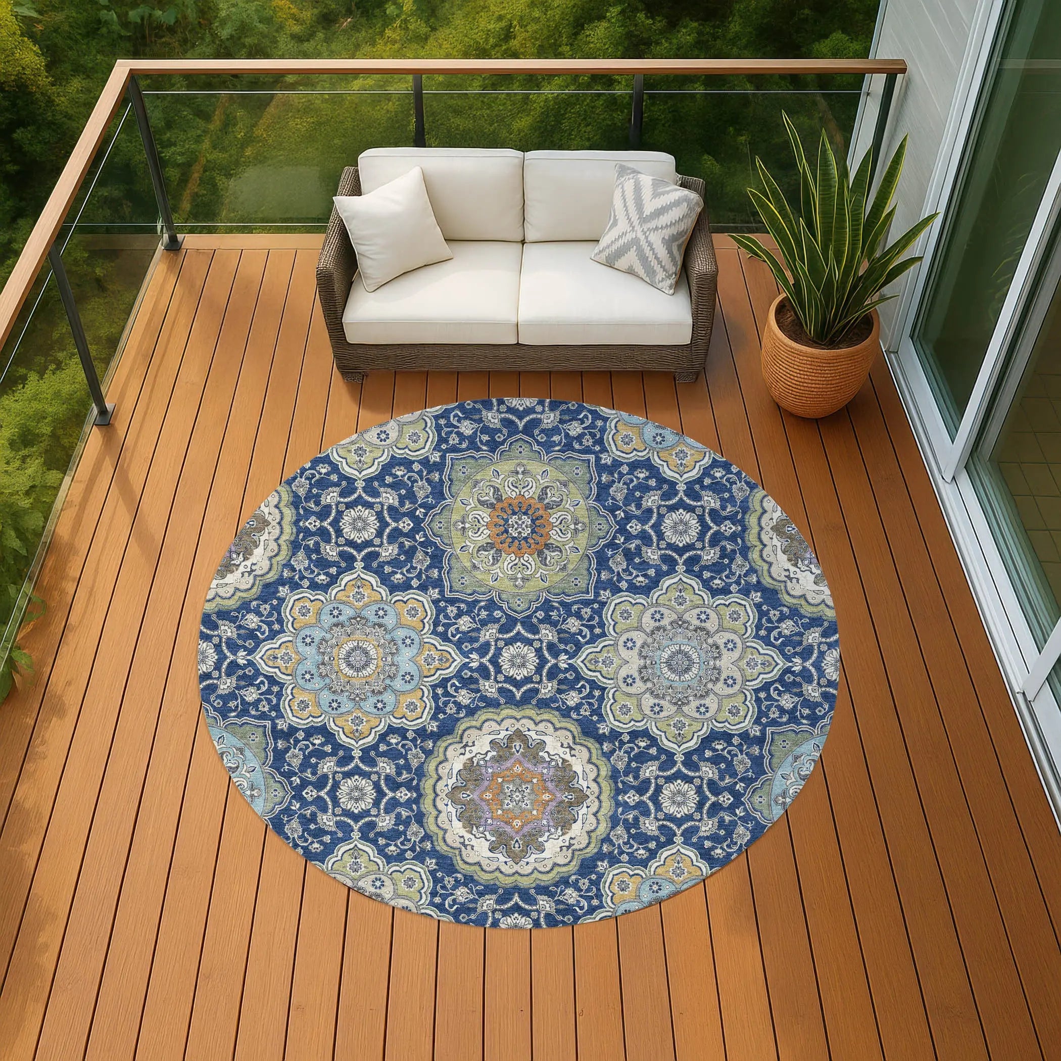 8' Navy Blue And Taupe Round Floral Medallion Washable Indoor Outdoor Area Rug Homeroots Outdoor