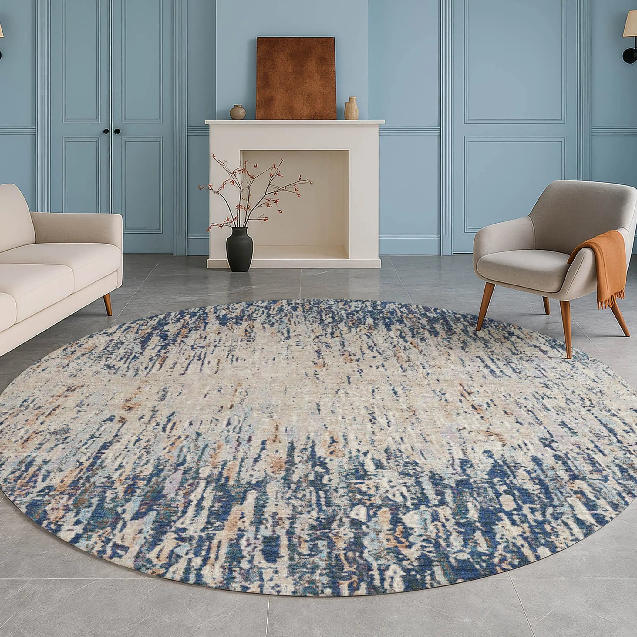 8' Navy Blue And Taupe Round Striped Washable Indoor Outdoor Area Rug Homeroots Outdoor