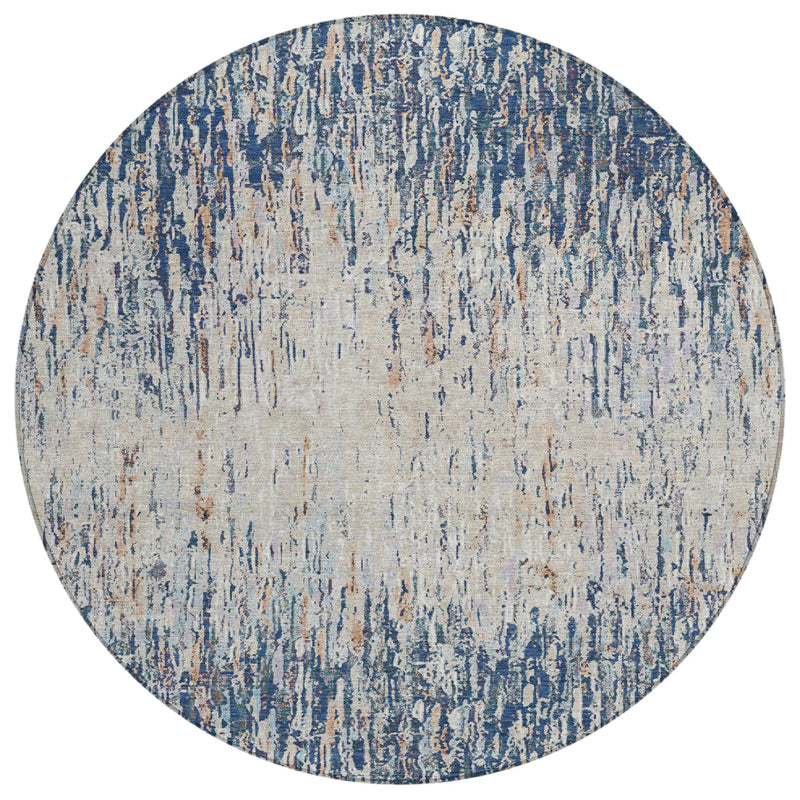 8' Navy Blue And Taupe Round Striped Washable Indoor Outdoor Area Rug Homeroots Outdoor