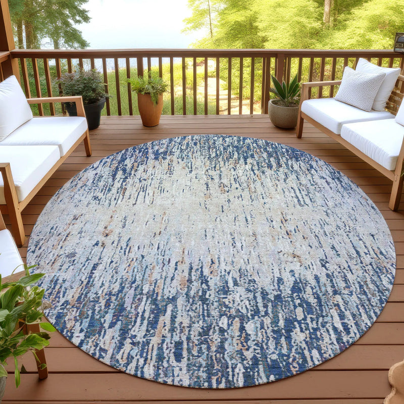 8' Navy Blue And Taupe Round Striped Washable Indoor Outdoor Area Rug Homeroots Outdoor