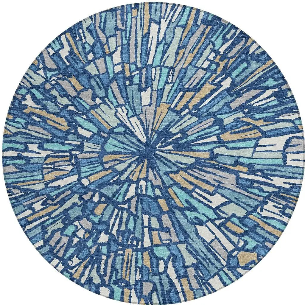 8' Navy Blue And Teal Blue Round Abstract Washable Indoor Outdoor Area Rug Homeroots Outdoor