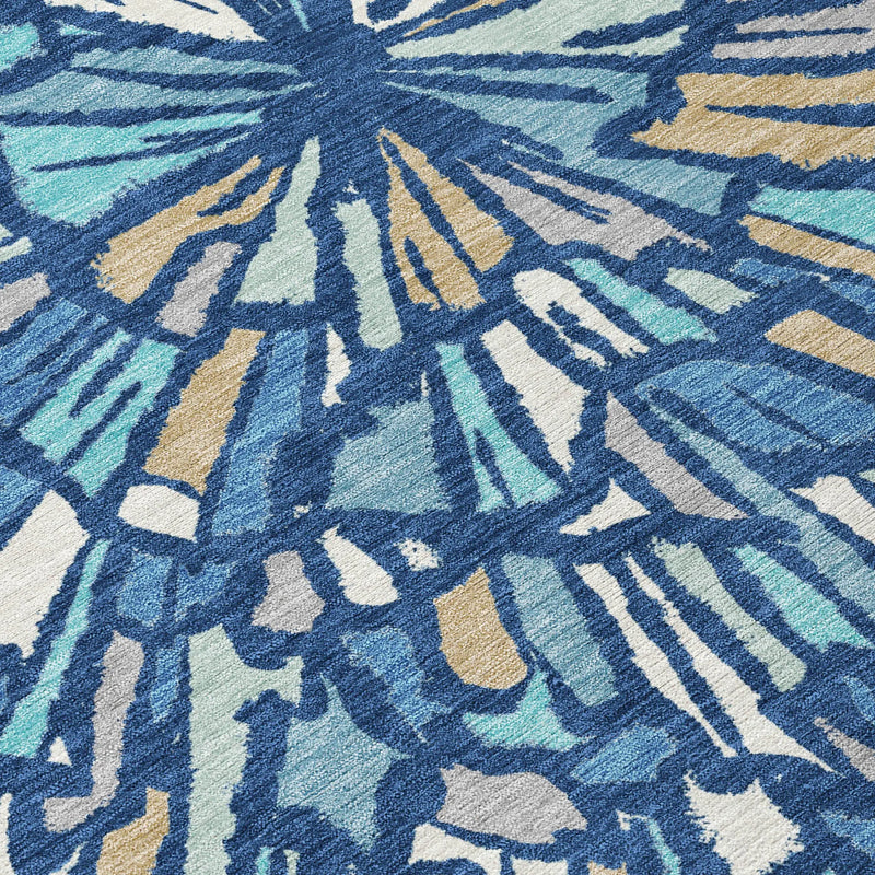 8' Navy Blue And Teal Blue Round Abstract Washable Indoor Outdoor Area Rug Homeroots Outdoor