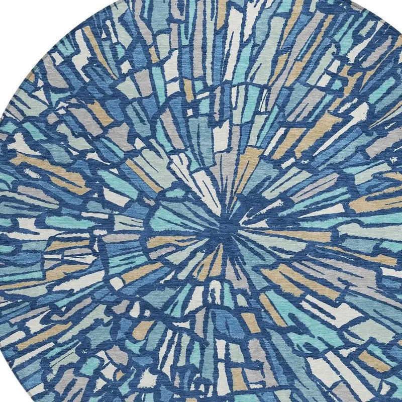 8' Navy Blue And Teal Blue Round Abstract Washable Indoor Outdoor Area Rug Homeroots Outdoor
