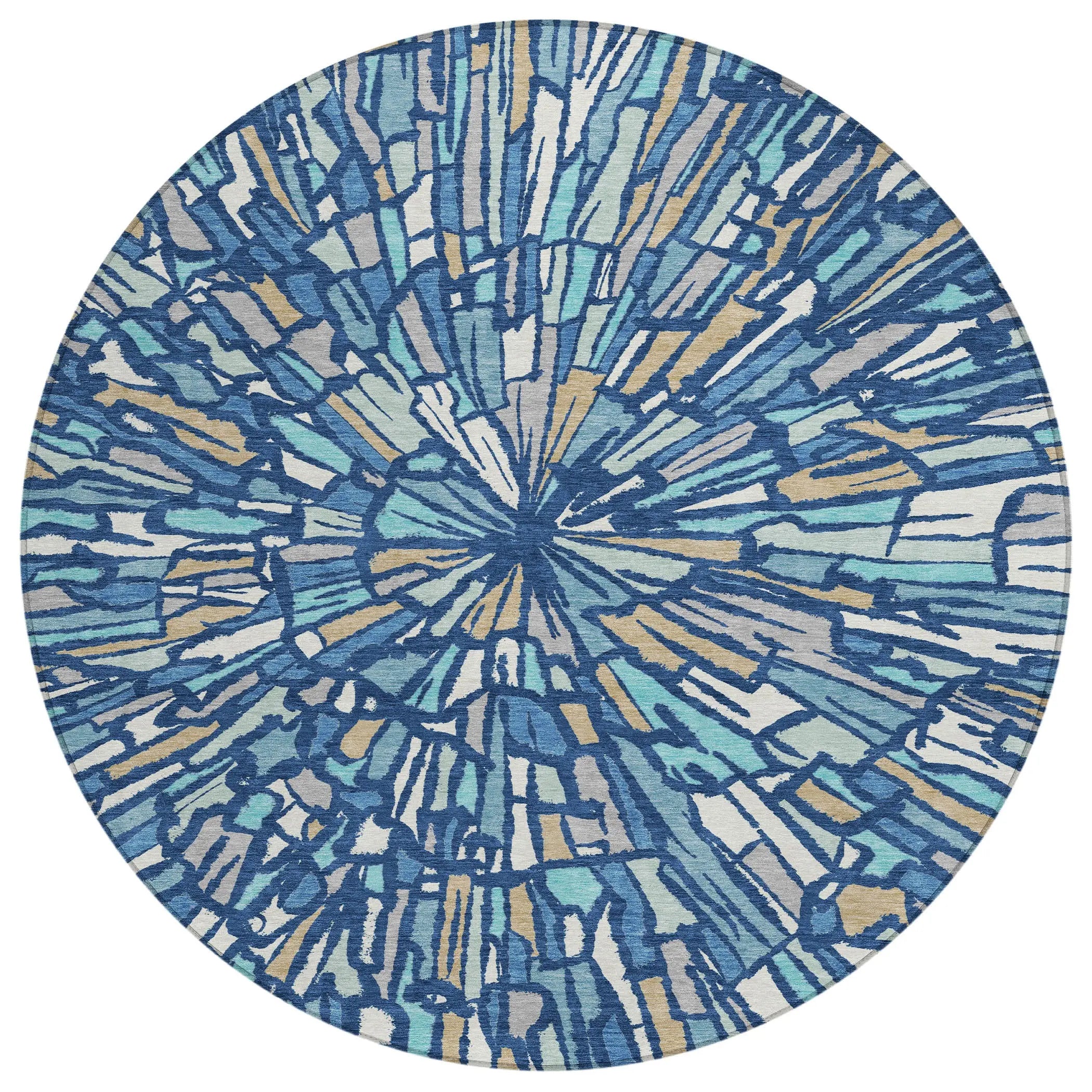8' Navy Blue And Teal Blue Round Abstract Washable Indoor Outdoor Area Rug Homeroots Outdoor