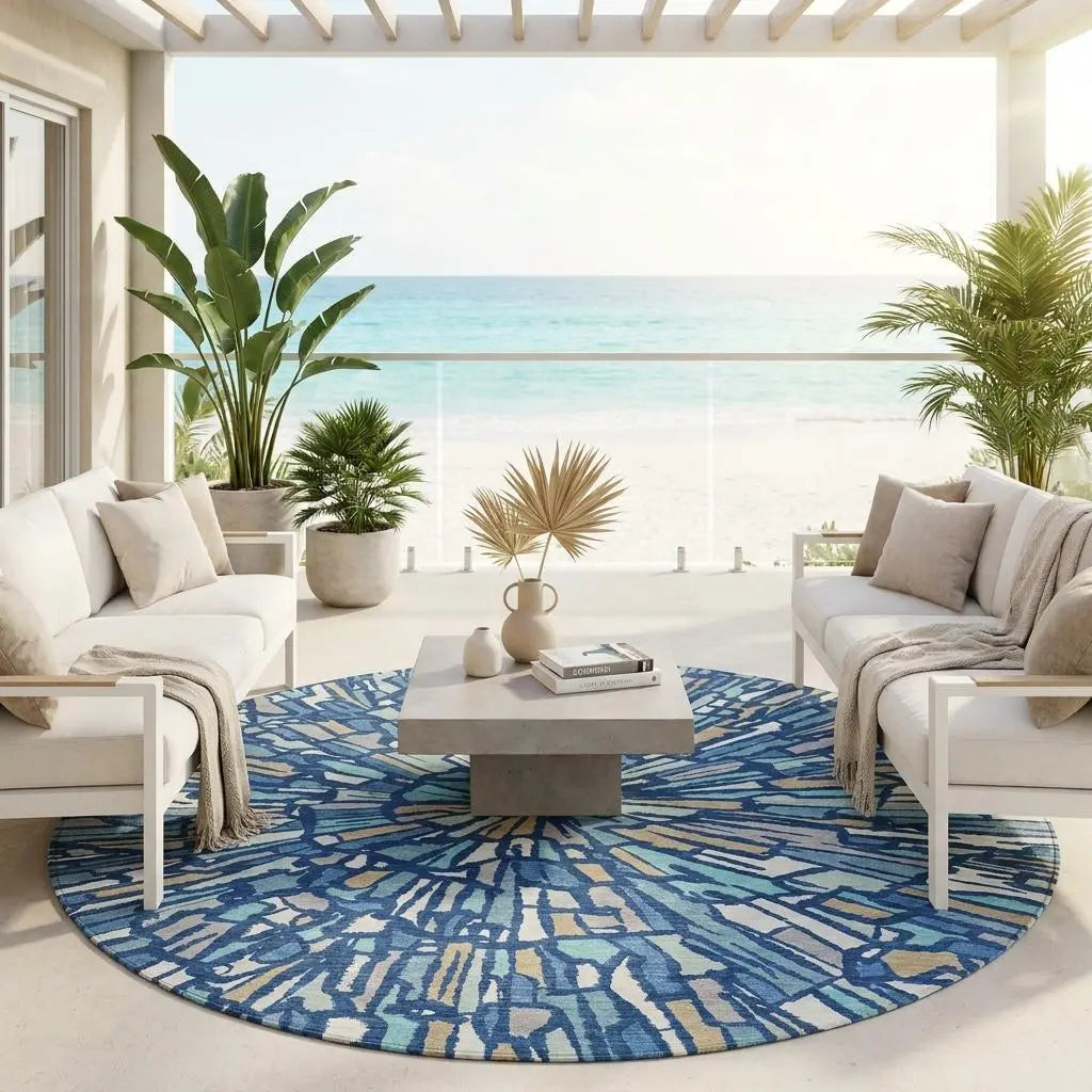 8' Navy Blue And Teal Blue Round Abstract Washable Indoor Outdoor Area Rug Homeroots Outdoor