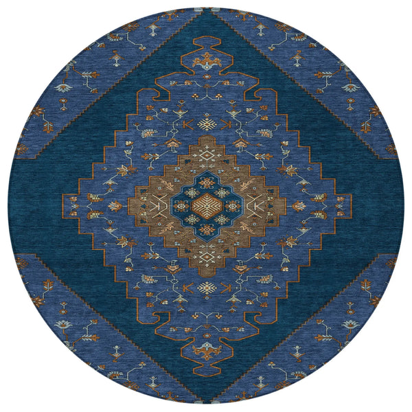 8' Navy Blue And Teal Blue Round Geometric Washable Indoor Outdoor Area Rug Homeroots Outdoor