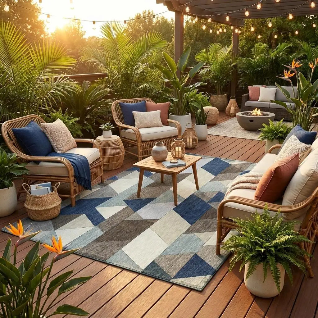 8' Navy Blue And Teal Blue Round Geometric Washable Indoor Outdoor Area Rug Homeroots Outdoor