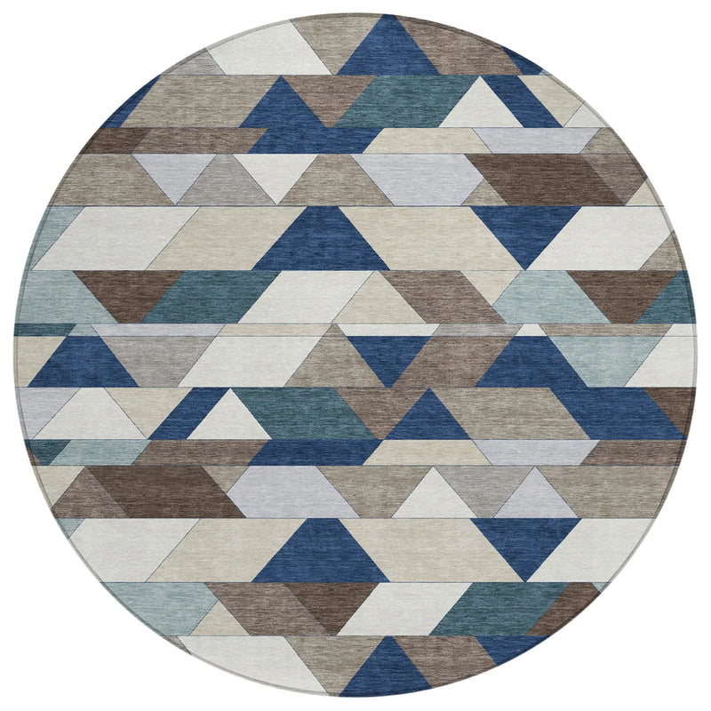 8' Navy Blue And Teal Blue Round Geometric Washable Indoor Outdoor Area Rug Homeroots Outdoor