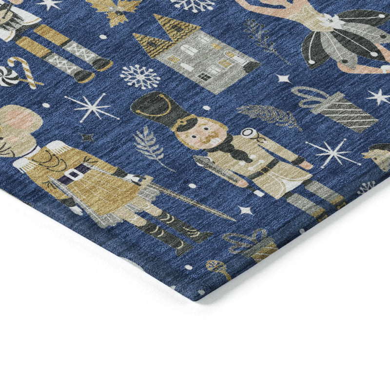 8' Navy Blue Gold Black And Gray Round Village House Washable Indoor Outdoor Area Rug Homeroots Outdoor