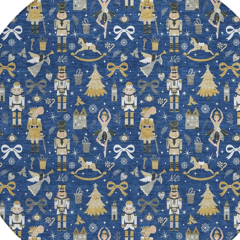 8' Navy Blue Gold Black And Gray Round Village House Washable Indoor Outdoor Area Rug Homeroots Outdoor