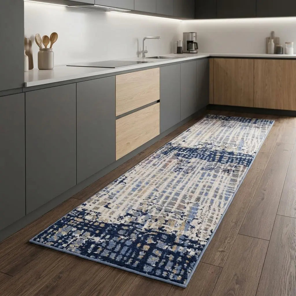 8' Navy Blue Pink Yellow Gray And Ivory Abstract Area Rug Homeroots Home Decor