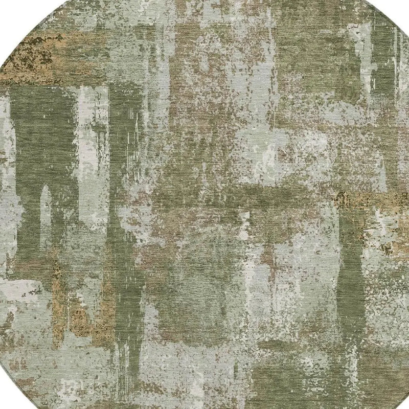 8' Olive Green And Beige Round Abstract Washable Indoor Outdoor Area Rug Homeroots Outdoor