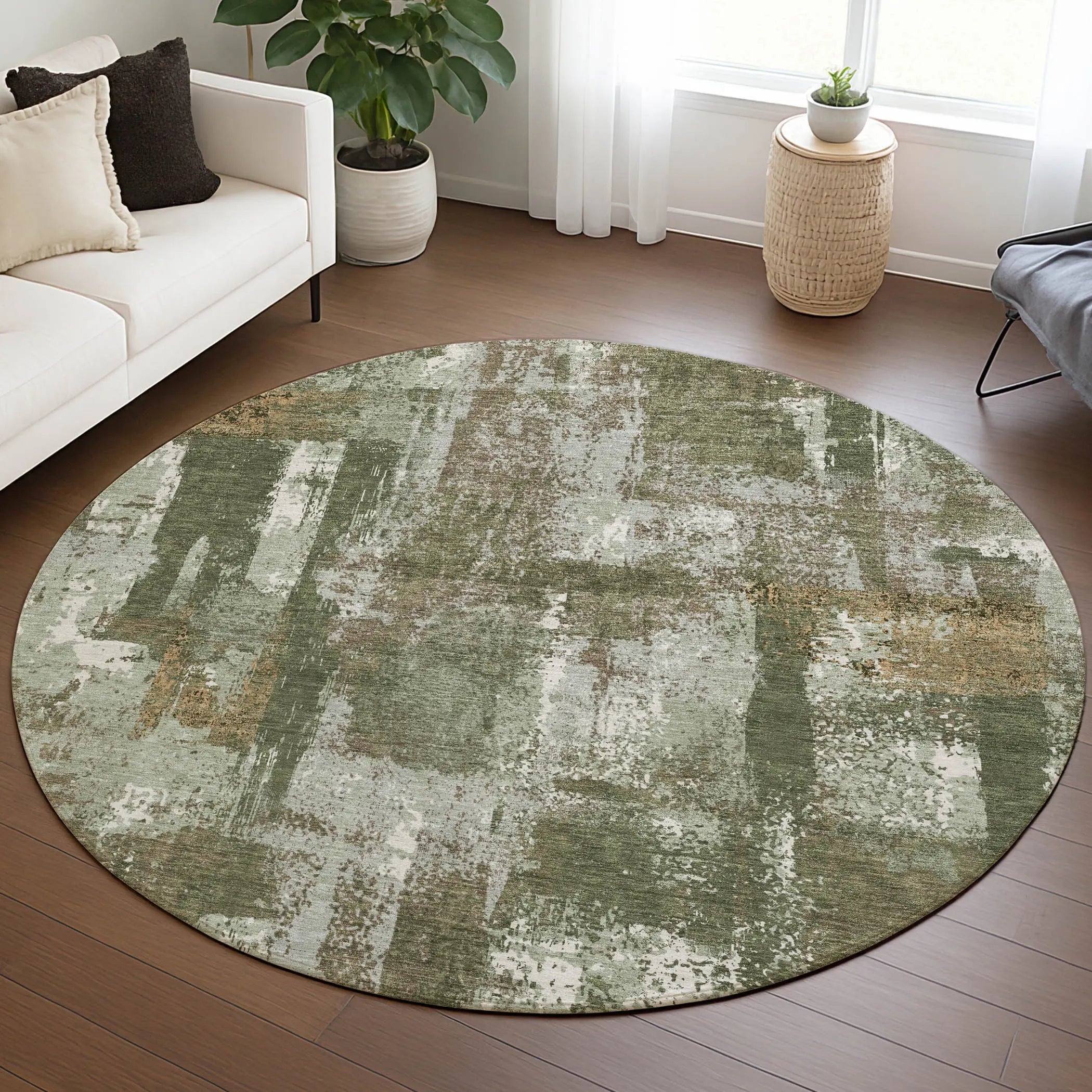 8' Olive Green And Beige Round Abstract Washable Indoor Outdoor Area Rug Homeroots Outdoor