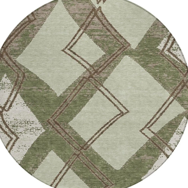 8' Olive Green And Beige Round Geometric Washable Indoor Outdoor Area Rug Homeroots Outdoor