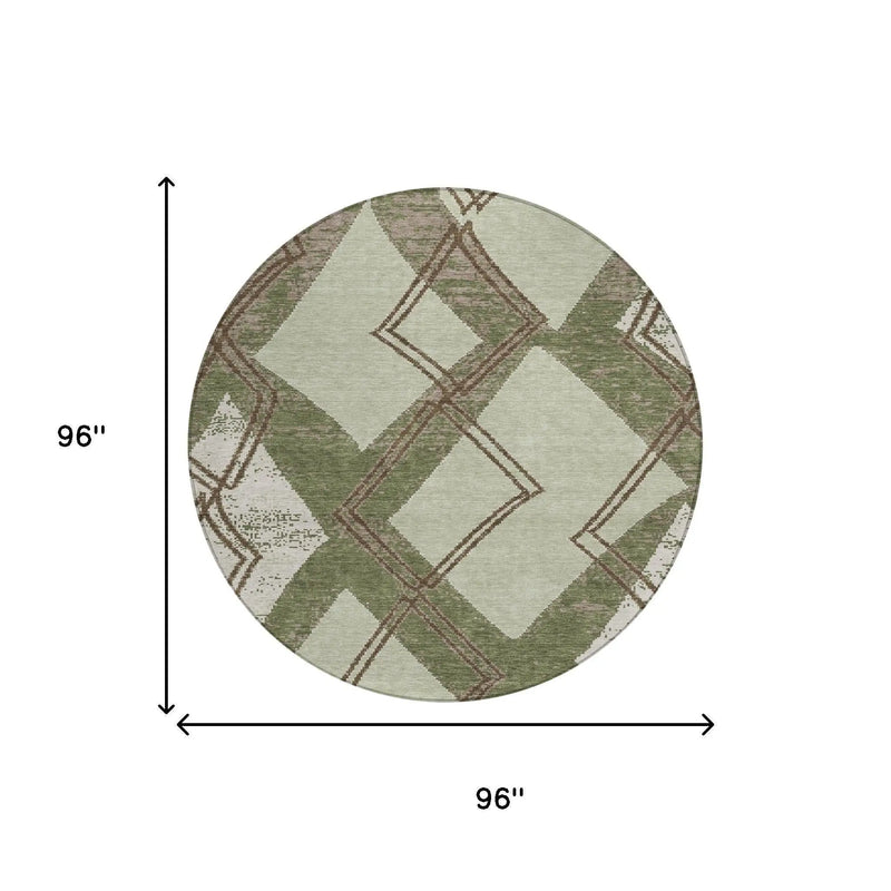 8' Olive Green And Beige Round Geometric Washable Indoor Outdoor Area Rug Homeroots Outdoor