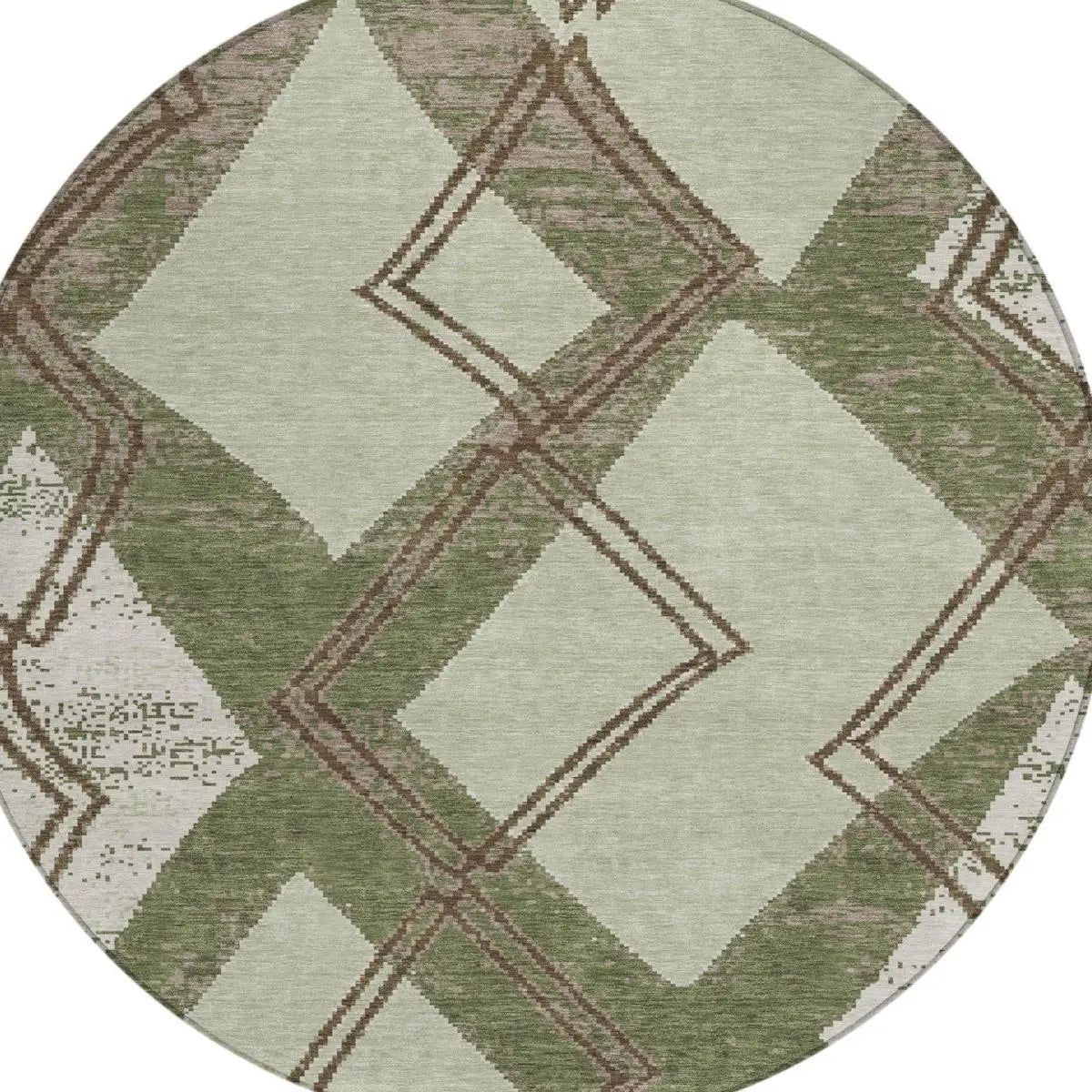 8' Olive Green And Beige Round Geometric Washable Indoor Outdoor Area Rug Homeroots Outdoor