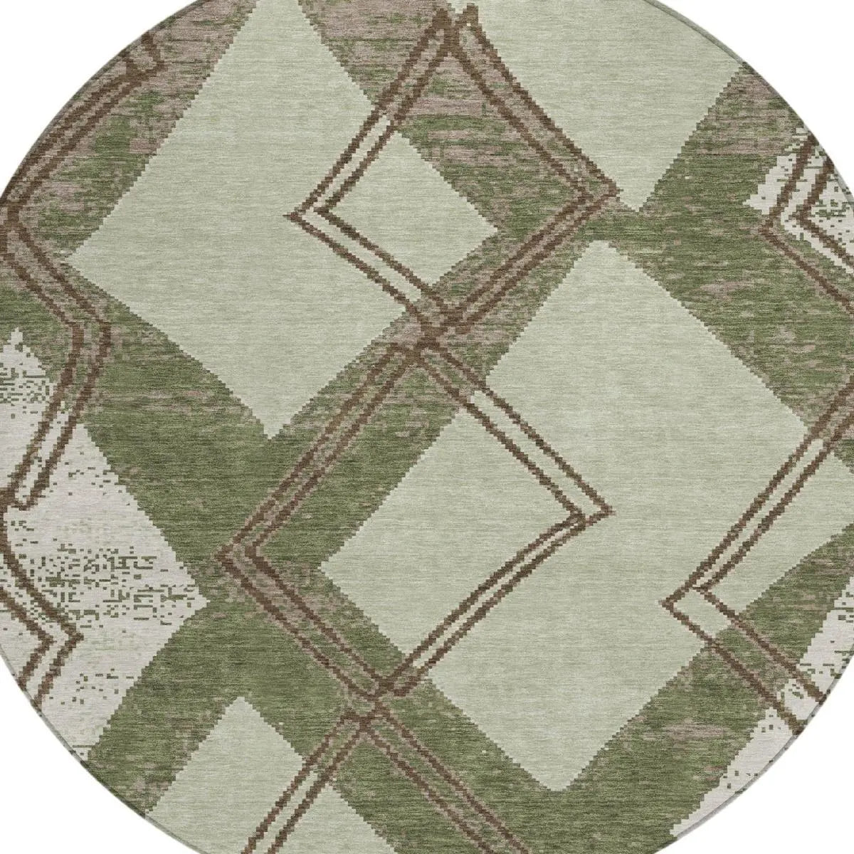 8' Olive Green And Beige Round Geometric Washable Indoor Outdoor Area Rug Homeroots Outdoor