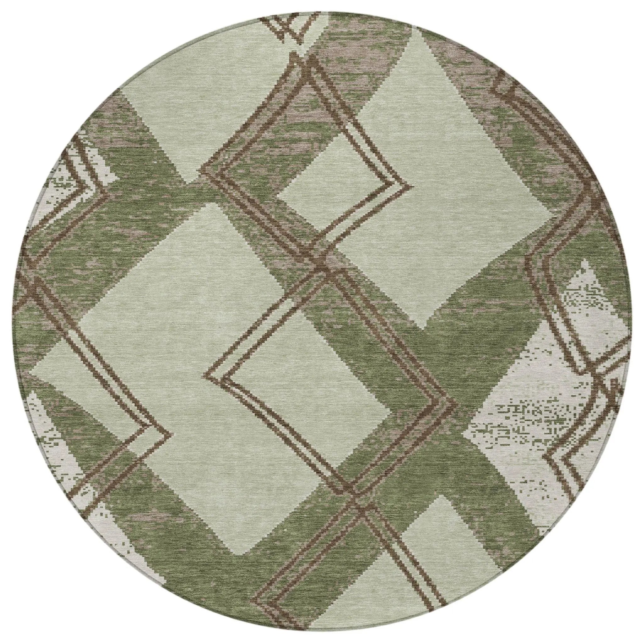 8' Olive Green And Beige Round Geometric Washable Indoor Outdoor Area Rug Homeroots Outdoor