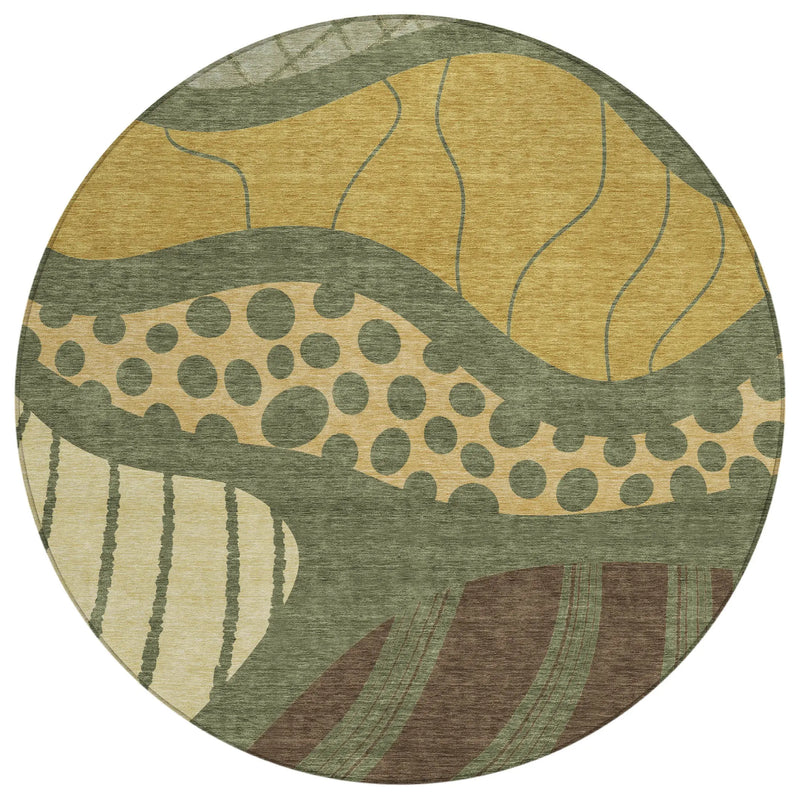 8' Olive Green And Blue Round Abstract Washable Indoor Outdoor Area Rug Homeroots Outdoor