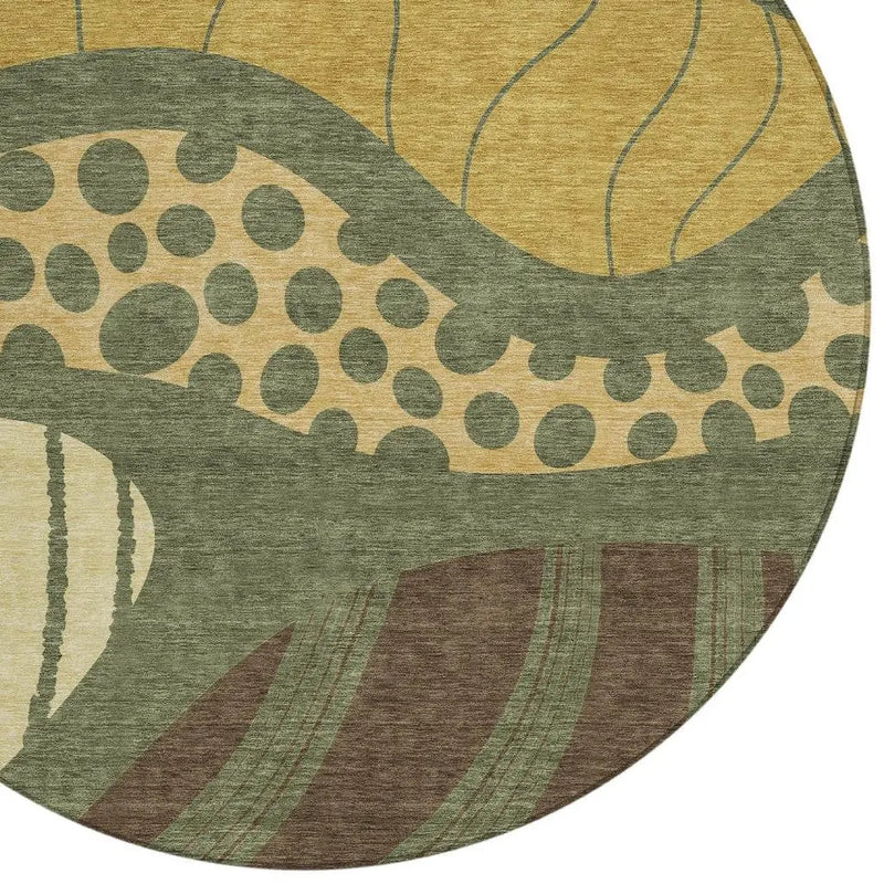 8' Olive Green And Blue Round Abstract Washable Indoor Outdoor Area Rug Homeroots Outdoor