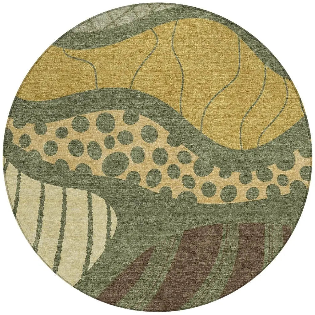 8' Olive Green And Blue Round Abstract Washable Indoor Outdoor Area Rug Homeroots Outdoor