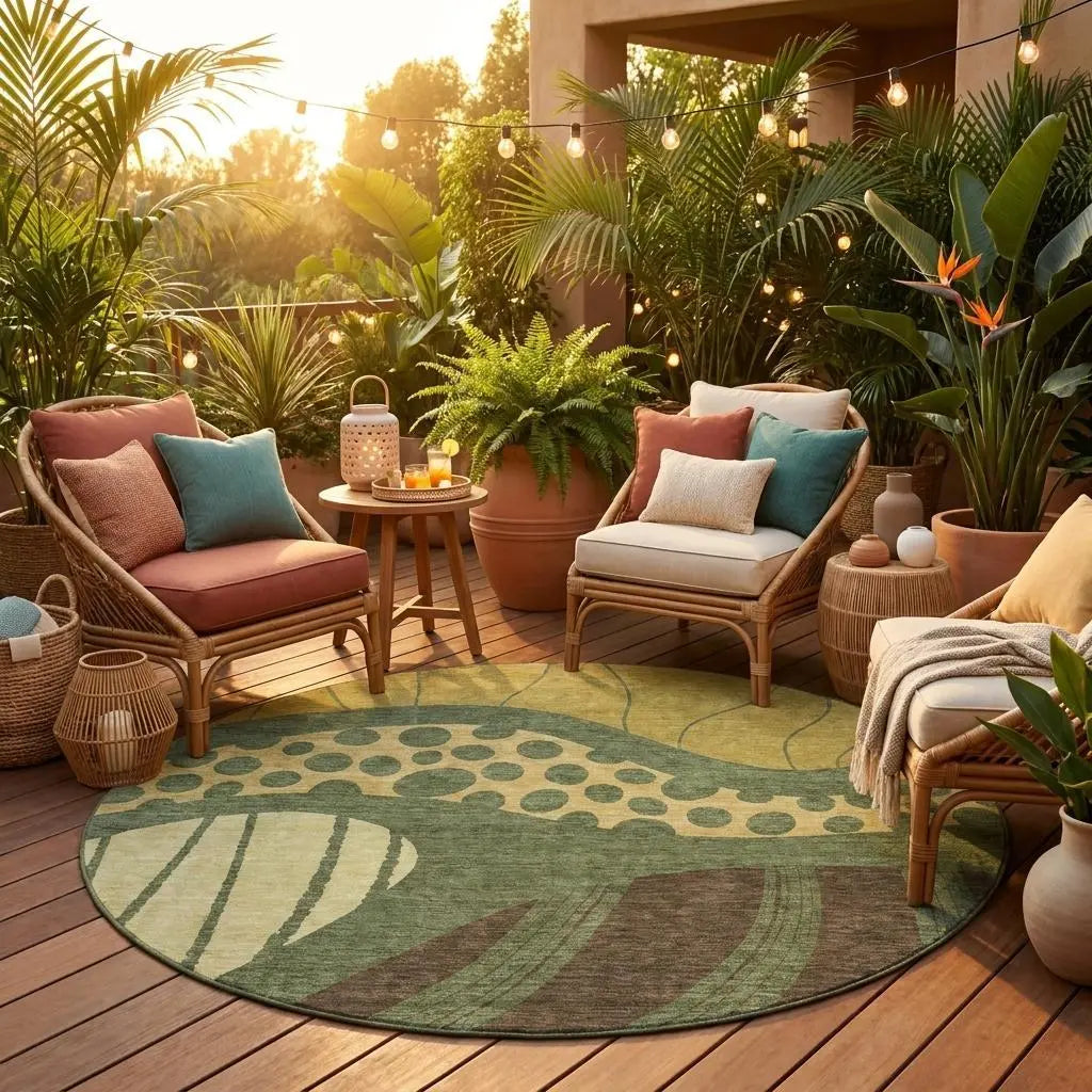 8' Olive Green And Blue Round Abstract Washable Indoor Outdoor Area Rug Homeroots Outdoor